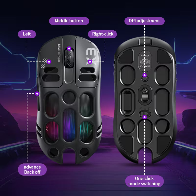 ماوس ألعاب لاسلكي ثلاثي الأوضاع RGB T-Wolf X3 - أسود