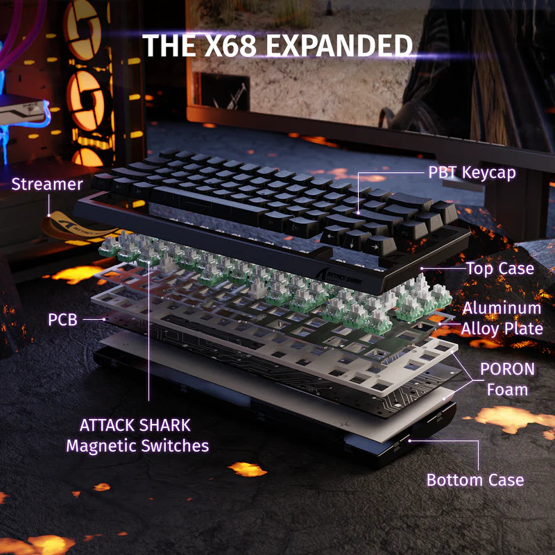 لوحة مفاتيح Attack Shark X68 HE بمفاتيح مغناطيسية - خط أسود