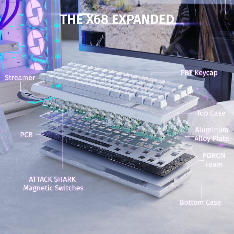 لوحة مفاتيح Attack Shark X68 HE بمفاتيح مغناطيسية - خط أبيض