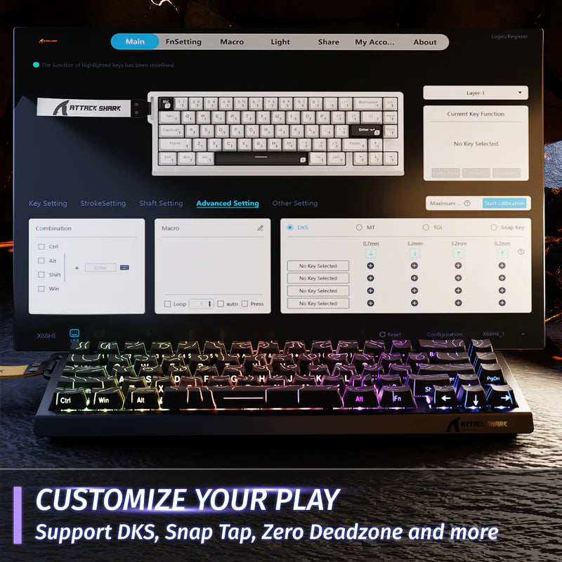 لوحة مفاتيح Attack Shark X68 HE بمفاتيح مغناطيسية - خط أسود