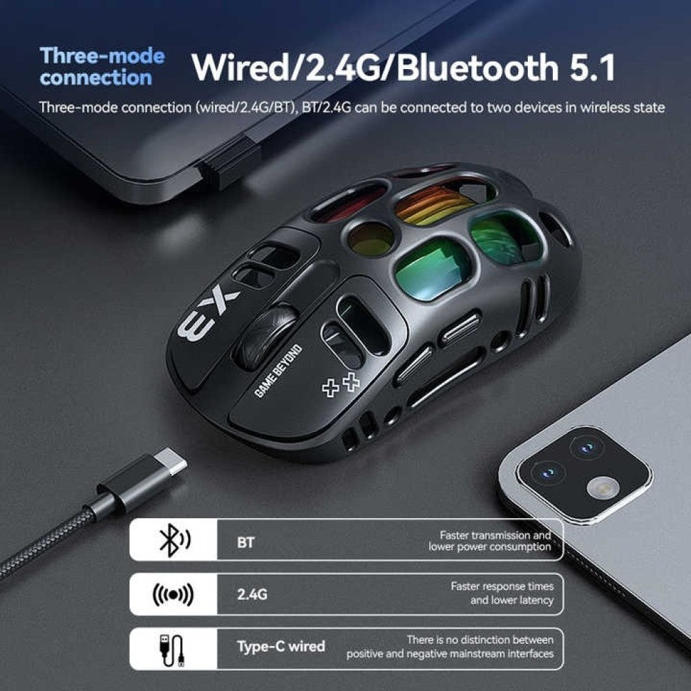 ماوس ألعاب لاسلكي ثلاثي الأوضاع RGB T-Wolf X3 - أسود