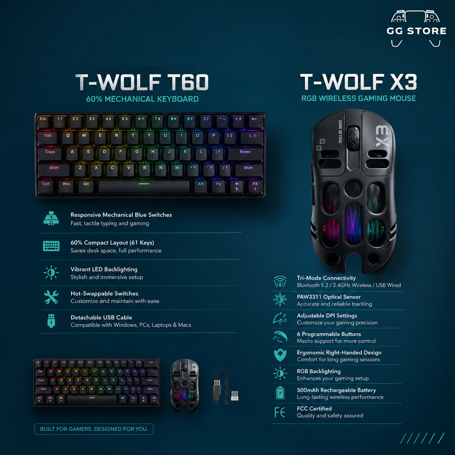 مجموعة لوحة مفاتيح الألعاب الميكانيكية T-WOLF T60 + فأرة الألعاب اللاسلكية ثلاثية الأوضاع X3