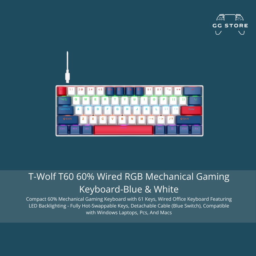 لوحة المفاتيح الميكانيكية T-WOLF T60 - أبيض وأزرق