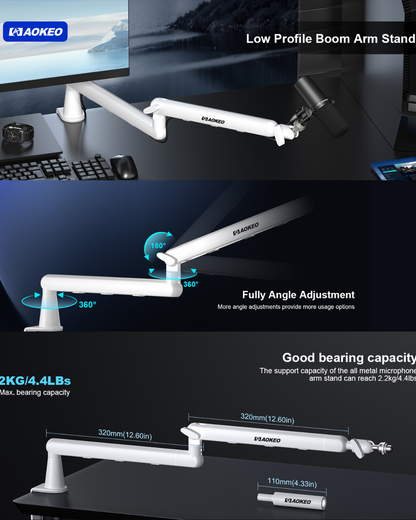 Aokeo Adjustable Microphone Boom Arm-White