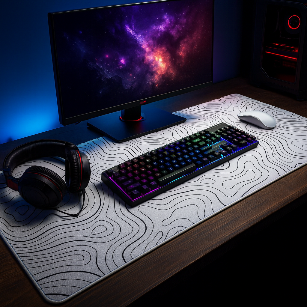 White Topographic Extended Gaming Mouse Pad